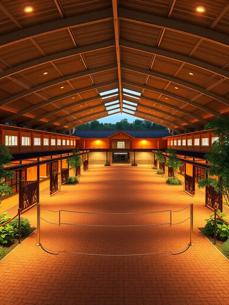 A panoramic view of a beautifully lit equestrian facility, showcasing the aesthetic appeal and welcoming atmosphere created by upgraded lighting.