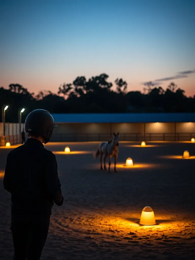 An outdoor riding arena at dusk, illuminated with modern LED lighting, allowing for safe and extended riding hours.