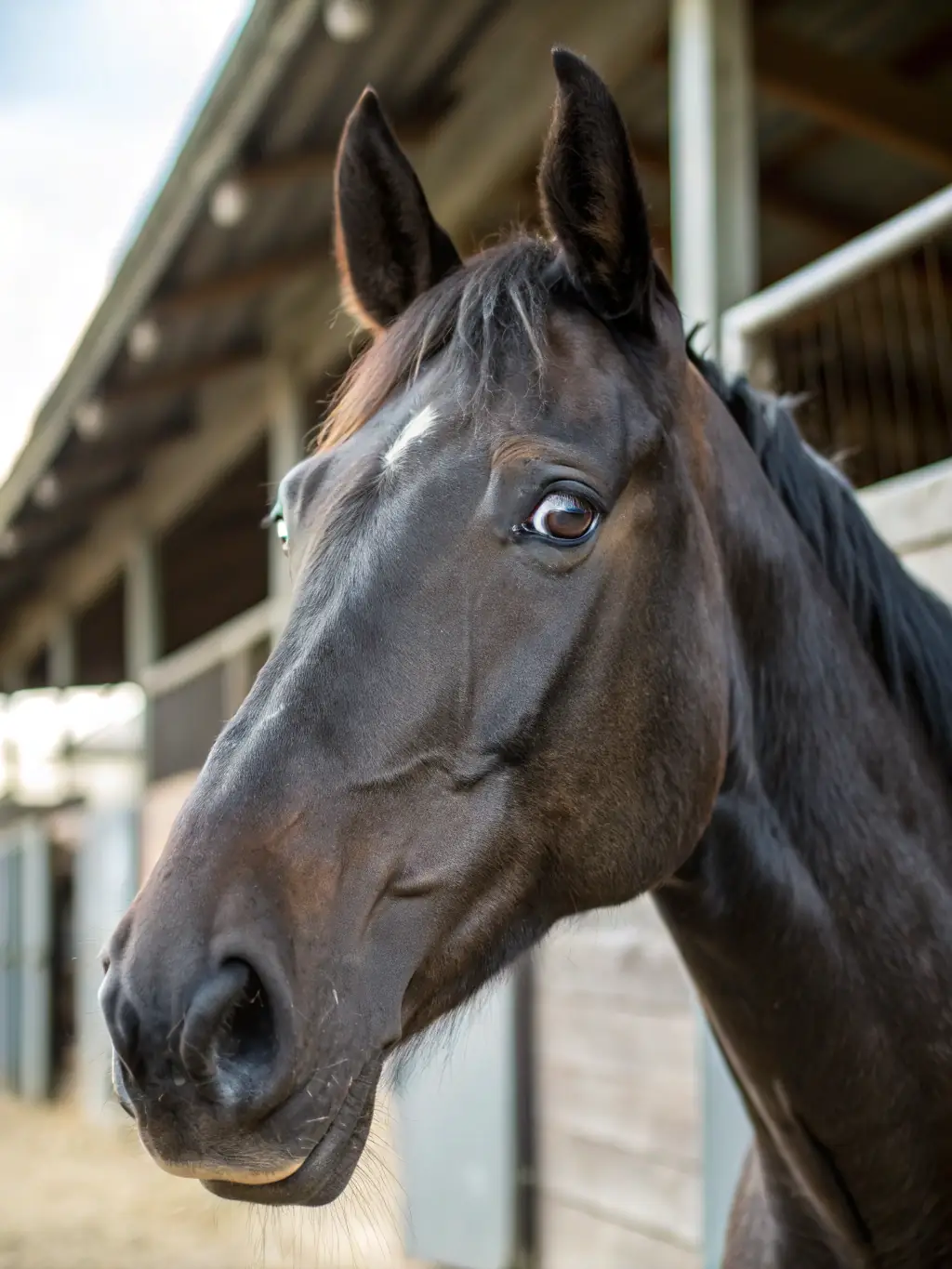 A close-up shot of a horse's eye reflecting the bright and clear lighting of an upgraded equestrian facility, emphasizing improved visibility.